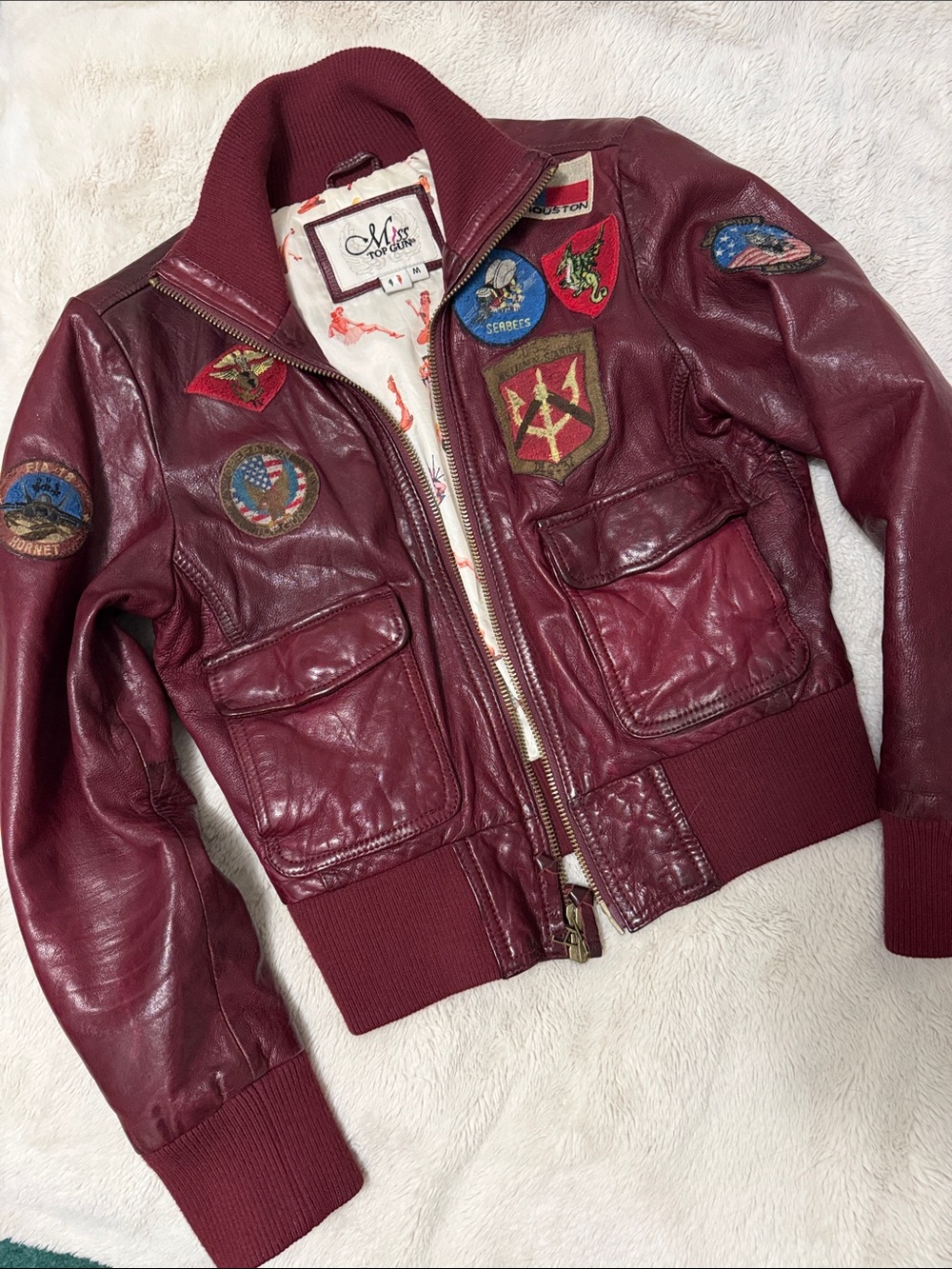 Miss Top Gun | Vintage Wine Leather Bomber Jacket with Patch Details | M